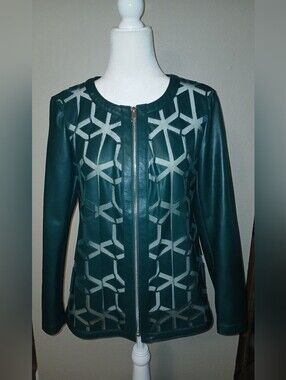 Colleen Lopez Teal Geometric Zip-Front Faux Leather Jacket
